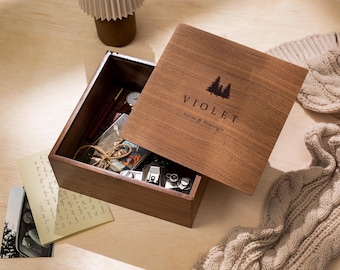 10x10 Engraved Walnut Memory Box (D5) -  Personalized Travel Memories Mountain Keepsake Rustic Gift for Travel Lover or Study Abroad Student