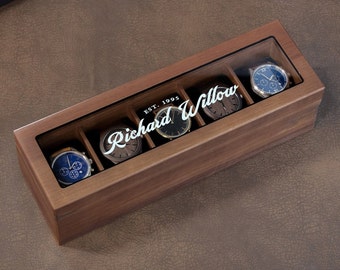 Wide Wood Watch Box (Design 6) - Personalized Watch Display Case for Watch Enthusiasts Wedding Birthday Gift for Him Dad Son Husband Fiance