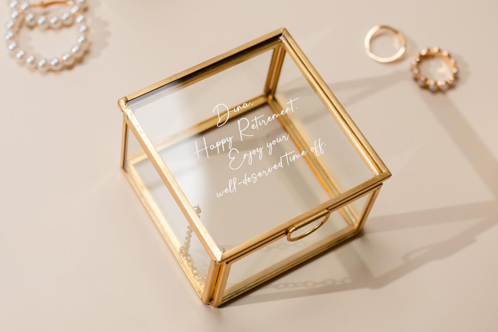 Square 3x3 Gold Glass Box D2  Personalized Jewelry or Rosary Holder with Message Name Vanity Trinket Display Gift Mom Bff Wife Fiance