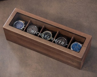Wide Wood Watch Box (Design 8) - Custom Watch Storage Holder Case for Men 5th Wedding Anniversary Gift for Him Dad Boyfriend Husband Fiance