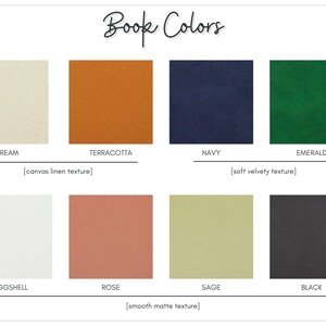 Puede incluir: Un gr&aacute;fico que muestra ocho colores diferentes de cubierta de libro con sus nombres y texturas. Los colores son crema, terracota, azul marino, esmeralda, c&aacute;scara de huevo, rosa, salvia y negro. Las texturas son lienzo de lino, terciopelo suave y mate liso.