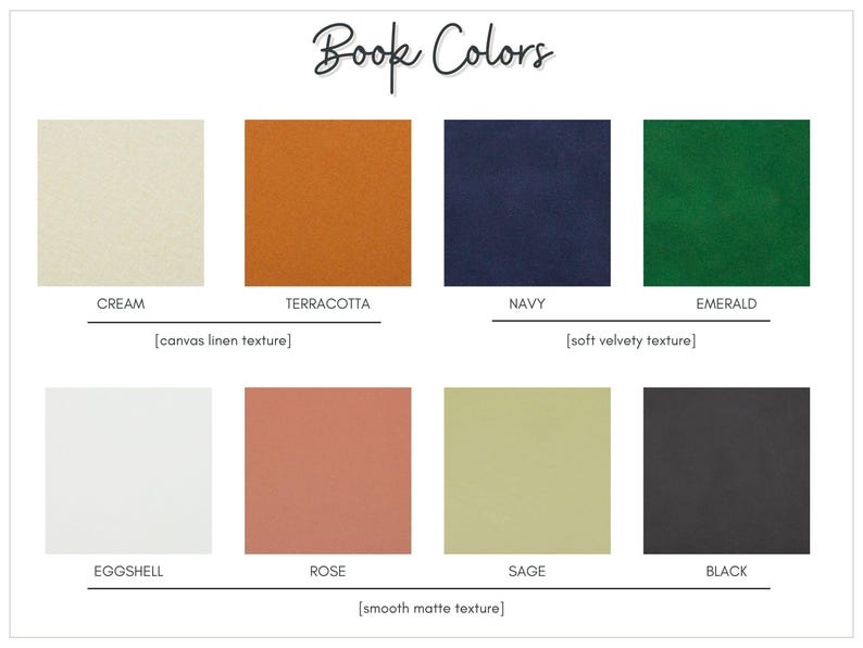 Puede incluir: Un gr&aacute;fico que muestra ocho colores diferentes de cubierta de libro con sus nombres y texturas. Los colores son crema, terracota, azul marino, esmeralda, c&aacute;scara de huevo, rosa, salvia y negro. Las texturas son lienzo de lino, terciopelo suave y mate liso.