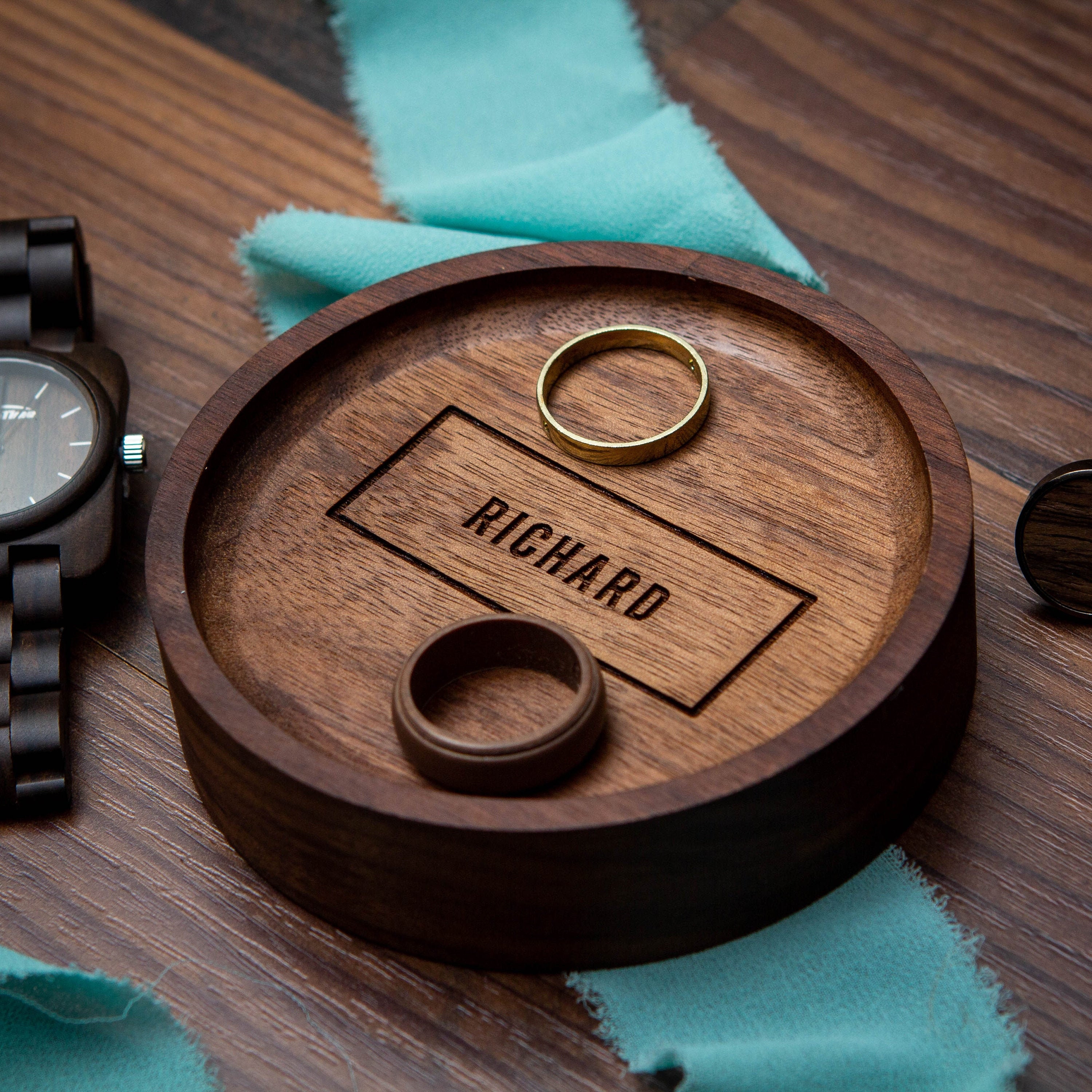 Round Wood Ring Dish Mens Jewelry Tray 5th Wedding Etsy