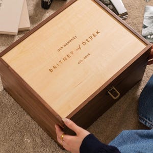 Engraved XL Wood Hinge Box (D10) - Extra Large Luxury Hardwood Keepsake Memory Storage for Wedding Photos Albums Anniversary Heirloom Gifts image 6