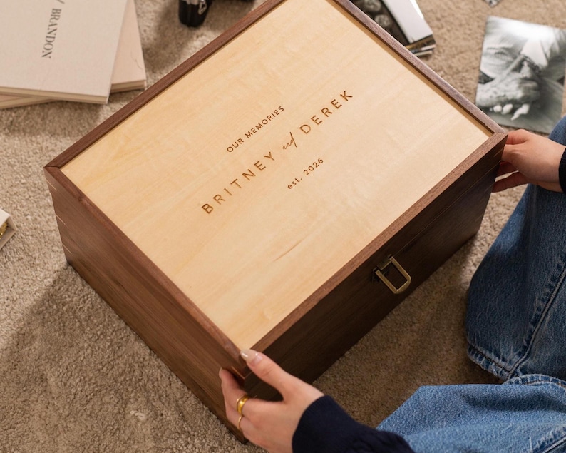Engraved XL Wood Hinge Box (D10) - Extra Large Luxury Hardwood Keepsake Memory Storage for Wedding Photos Albums Anniversary Heirloom Gifts image 6