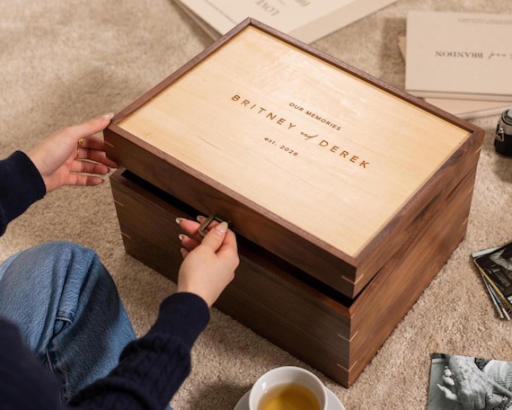 Engraved XL Wood Hinge Box (D10) - Extra Large Luxury Hardwood Keepsake Memory Storage for Wedding Photos Albums Anniversary Heirloom Gifts