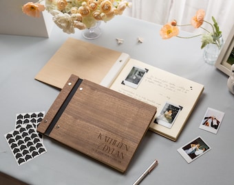 Engraved Premium Photo Guest Book (Design 4) - Wooden Personalized Wedding Album, Minimal Instax Photo Guestbook, Anniversary Memory Book