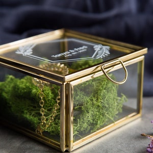 Square Gold Glass Ring Bearer Box with Moss Personalized Ring Box for Wedding Ceremony, Modern Ring Holder for Engagements, Rustic Wedding image 4