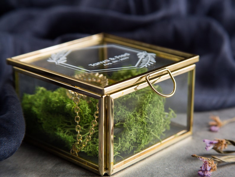 Square Gold Glass Ring Bearer Box with Moss Personalized Ring Box for Wedding Ceremony, Modern Ring Holder for Engagements, Rustic Wedding image 4