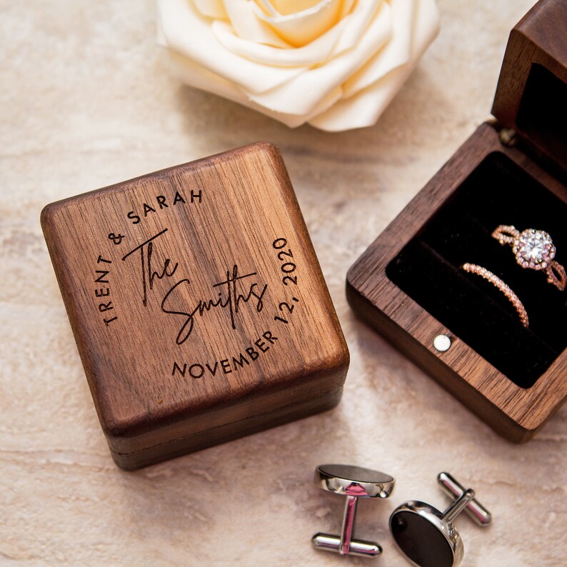 Square Double Ring Box Engraved Wood Ring Bearer Box for Wedding Ceremony, Proposal Engagement Ring Box Gift for Her, 2 Ring Slots Storage image 2