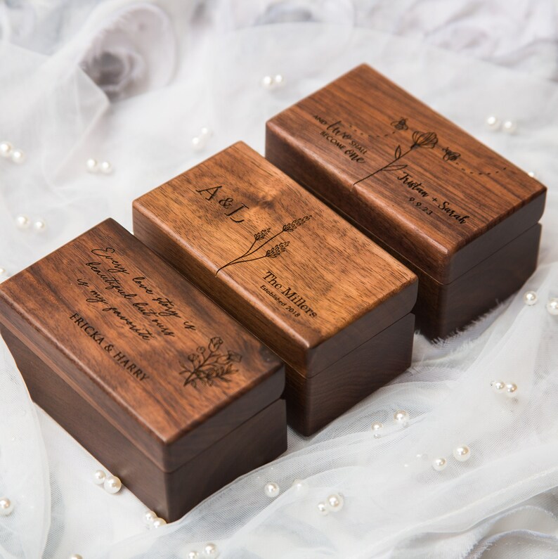 Quad Wood Ring Box Storage for 2-4 Rings, Engraved Ring Bearer Box Alternative Wedding Ceremony, Unique Proposal Engagement Gift For Her image 8