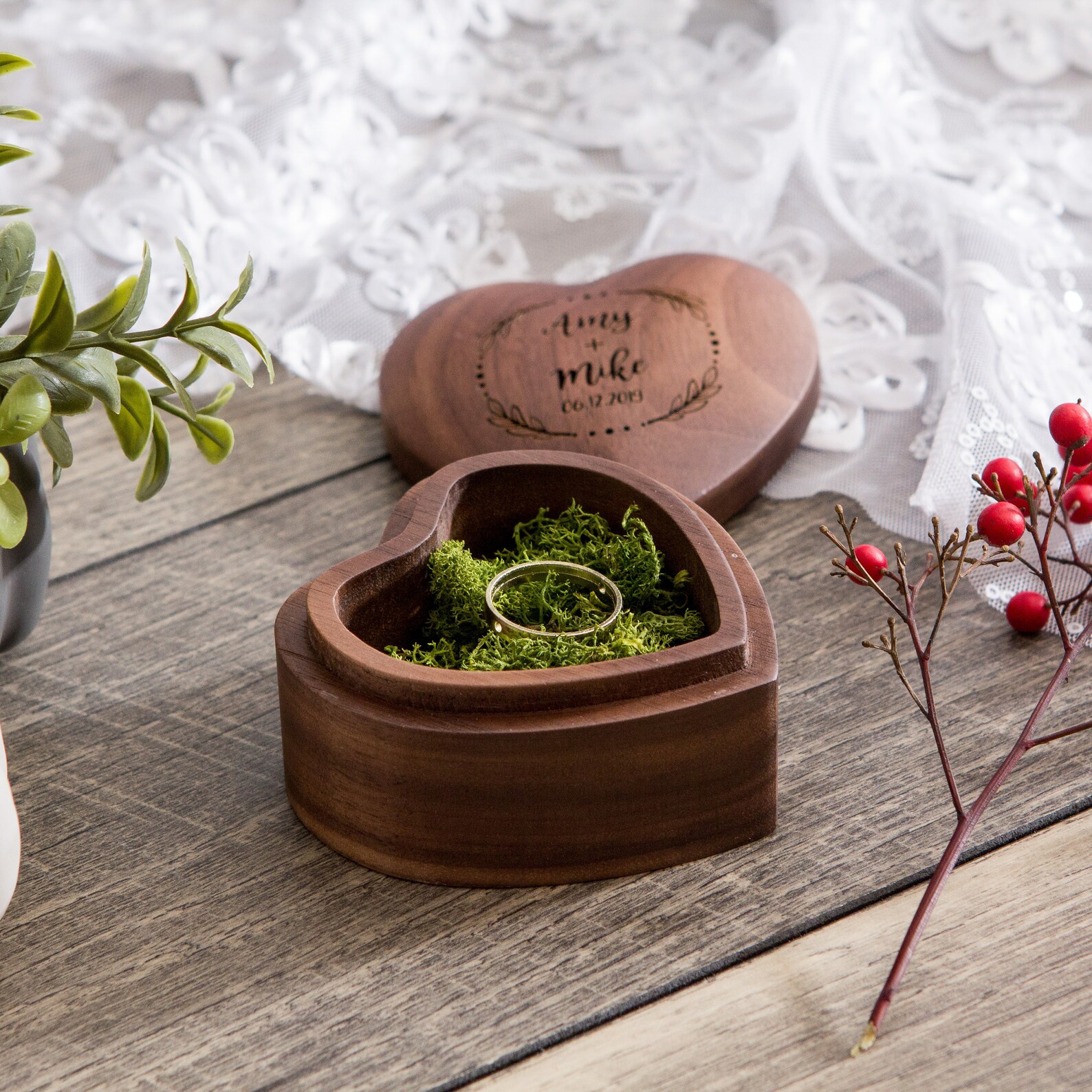 Heart Wedding Ring Bearer Box Engraved Wood Ring Bearer Box Etsy