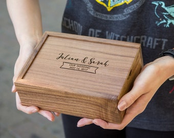 4x6&quot; Wood Photo Memory Box - Wedding or Engagement Print Storage, Keepsake Box for Anniversary, Letter Gift Box for Her Him Wife Husband