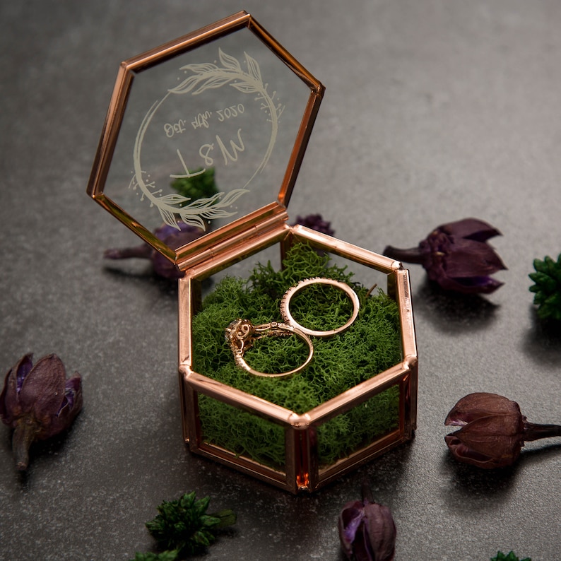Hexagon Glass Ring Box with Moss Gold or Rose Gold Personalized Ring Box for Wedding Ceremony, Modern Ring Holder for Engagements image 2