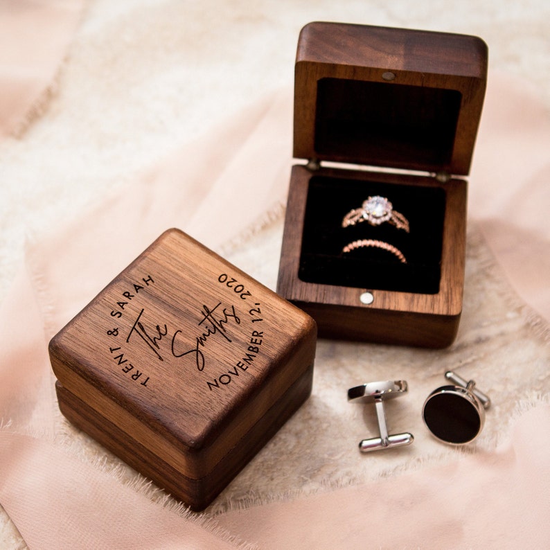 Square Double Ring Box Engraved Wood Ring Bearer Box for Wedding Ceremony, Proposal Engagement Ring Box Gift for Her, 2 Ring Slots Storage image 4