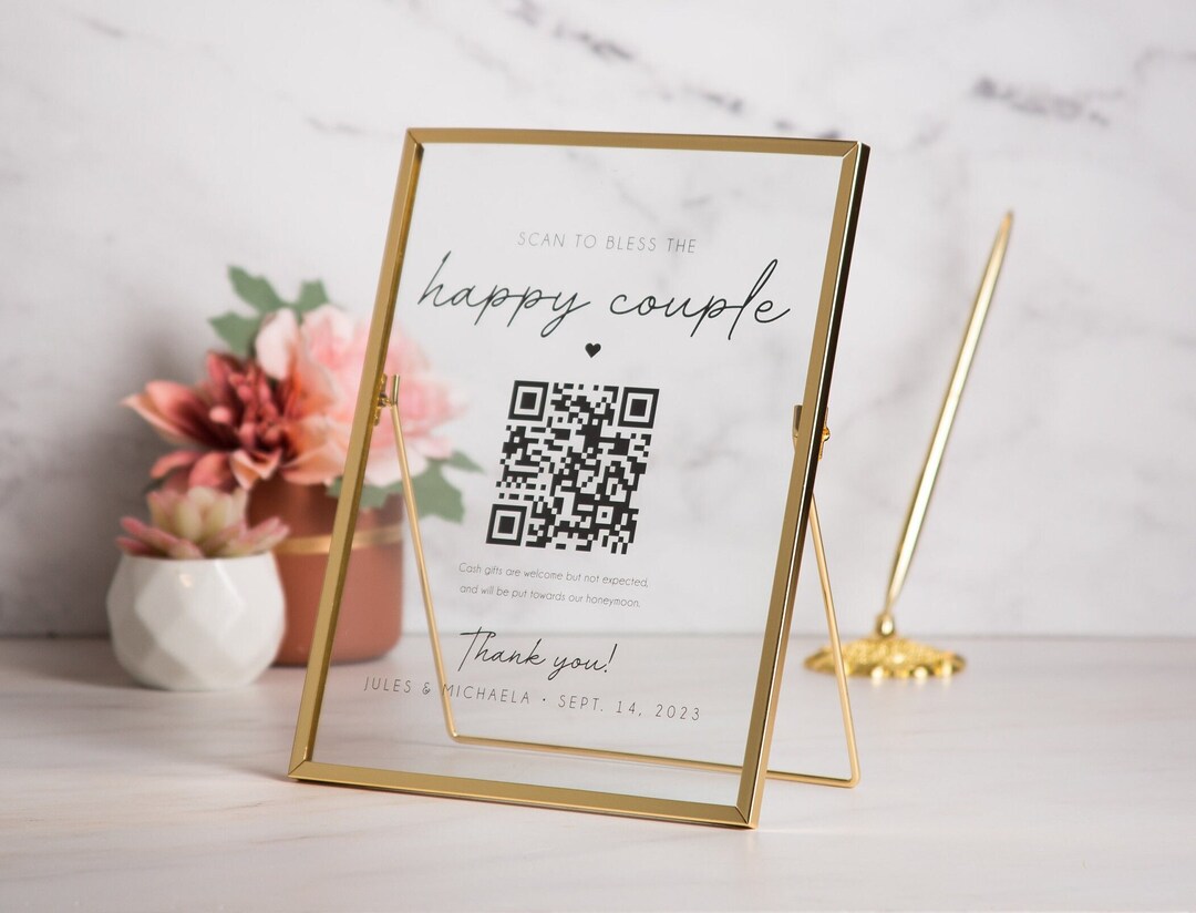 Gold Glass Scan to Bless QR Sign - Scannable Acrylic Sign, Wedding