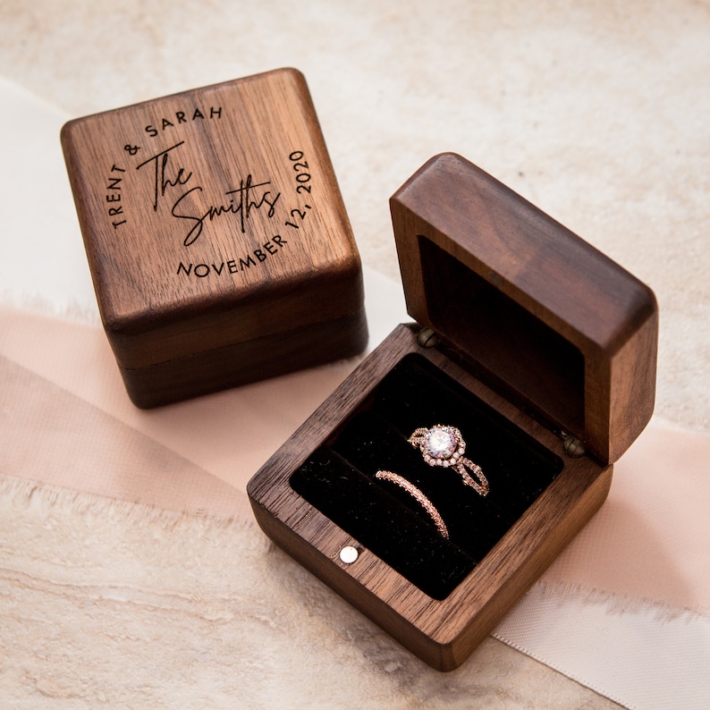 Square Double Ring Box Engraved Wood Ring Bearer Box for Wedding Ceremony, Proposal Engagement Ring Box Gift for Her, 2 Ring Slots Storage image 5