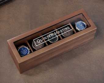 Wide Wood Watch Box (Design 10) - Custom Watch Storage Display Case with Glass Lid Watch Enthusiast Gift for Men Groom Husband Boyfriend