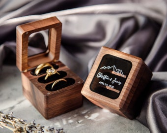 Boîte à bagues en bois à triple rabat avec couvercle en verre - Boîte à bagues imprimée UV pour 3 bagues, boîte porte-alliances pour cérémonie de mariage, rangement pour bague de fiançailles