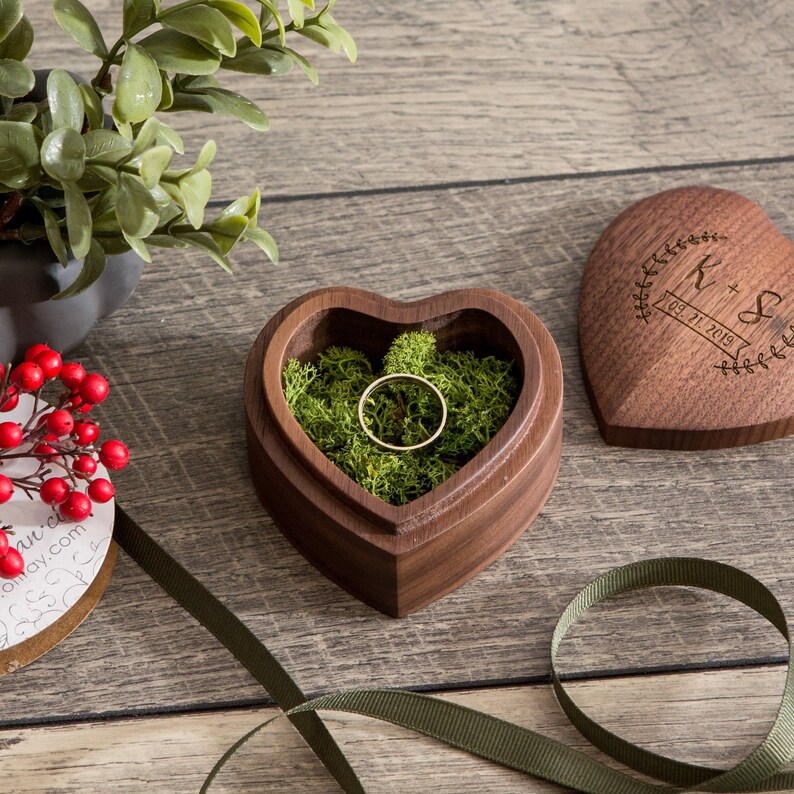 Heart Wedding Ring Bearer Box Engraved Wood Ring Bearer Box Etsy