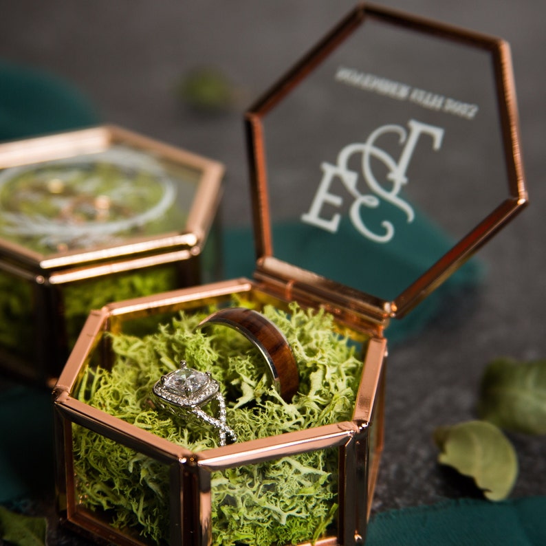 Hexagon Glass Ring Box with Moss Gold or Rose Gold Personalized Ring Box for Wedding Ceremony, Modern Ring Holder for Engagements image 5