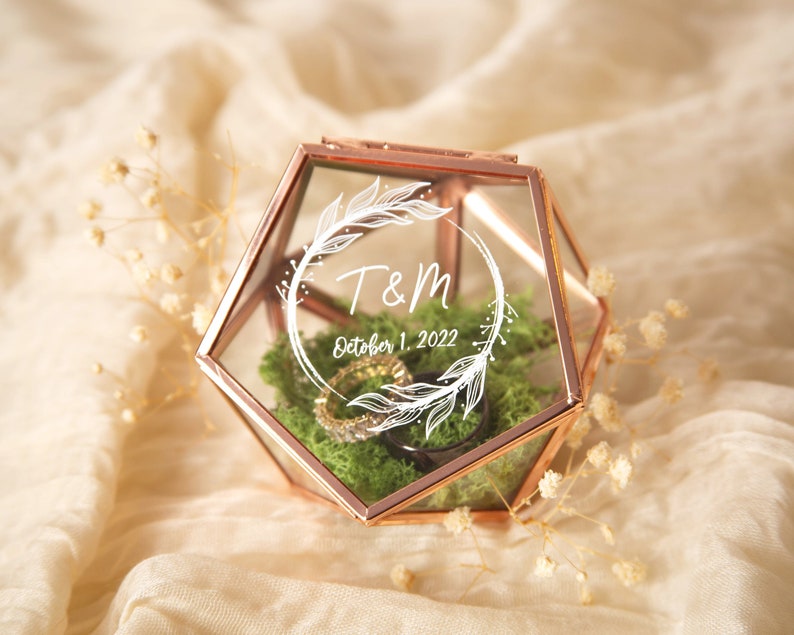 Geometric Glass Ring Box with Moss Rose Gold or Gold Personalized Ring Box for Wedding Ceremony, Ring Bearer Pillow Alternative image 1