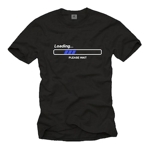 Könnte beinhalten: Schwarzes T-Shirt mit einer weißen Ladebalkengrafik und dem Text "Loading... Please Wait".