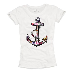 Womens Tee Shirt Anchor Flower Print Top Vintage Hippie Style white S/M/L