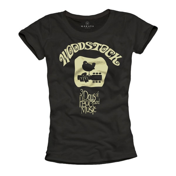 Womens Woodstock T Shirt Vintage Hippie Guitar Tops Music Summer T-Shirt black 60s 70s 80s  S/M/L