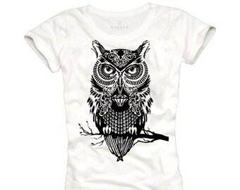 Womens Owl T-shirt white / black print - Vintage Graphic Tee Shirt Hipster Swag S/M/L