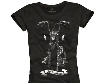 Womens Biker Tshirt Custom Chopper Top Black Motorcycle Clothing Tee Shirt S/M/L