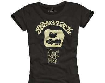 Womens Woodstock T Shirt Vintage Hippie Guitar Tops Music Summer T-Shirt black 60s 70s 80s  S/M/L