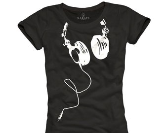 Music Tee Shirt Womens Top Headphones Hip Hop Rap Tshirt black - Funny Gifts for her S/M/L