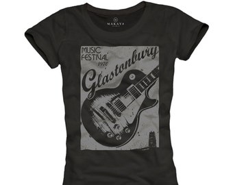 Rockinspirerad svart musiktopp med gitarrdesign för kvinnor, Glastonbury Music Guitar, storlek S/Meter/L
