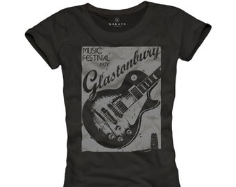 Womens Music Tee Shirt Glastoburry Band T-Shirt with Guitar black print grey S/M/L