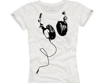 Womens Music Top Headphones Tshirt black / white print Dj Vinyl elektro house hip hop S/M/L