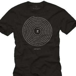 Könnte beinhalten: Schwarzes T-Shirt mit einem weißen kreisförmigen Design, das das mathematische Symbol Pi (π) und eine Reihe von Zahlen zeigt. Das Wort "INFINITY" ist unter dem Kreis aufgedruckt. Das T-Shirt hat kurze Ärmel und einen Rundhalsausschnitt.