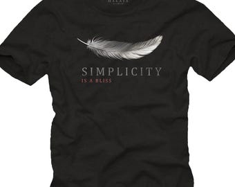 Camiseta moderna para hombre con estampado de plumas y el lema "La simplicidad es una bendición", camiseta minimalista con un diseño llamativo.