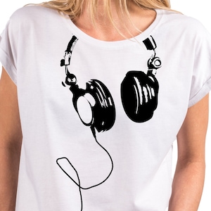 Music Shirt Headphones Print Plus Size Oversize white pink light grey