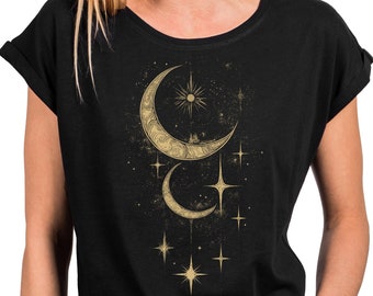 May include: Black t-shirt with a gold crescent moon and stars design.