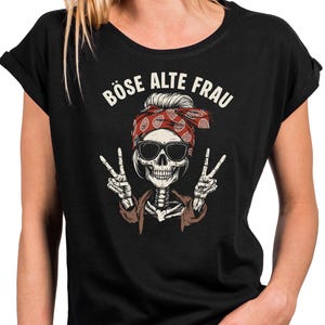 Damen T-Shirt mit Totenkopf Motiv & frechem Spruch – Rock Shirt für Festival, Motorrad- Musikfans – Biker Style, Blau Grau Schwarz, XS - 5XL Bild 1