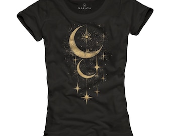 Moon T-Shirt Women - Top with Moon Phases and Stars Short Sleeve Summer Tee Round Neck 100% Cotton Black Size S-XL