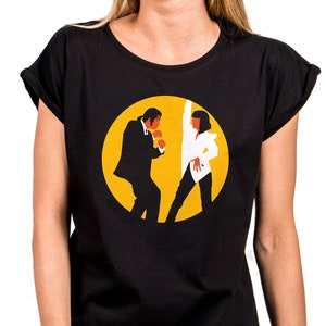 Cool ladies T-shirt with print, Mia & Vincent dancing, pulp, loose fit, large sizes, black, size XS to 5XL