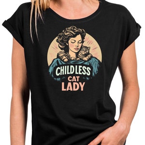 T-Shirt divertente con stampa di gatto per donna - motivo con frasi "Childless Cat Lady", Top a maniche corte, cotone, taglie forti XS-5XL