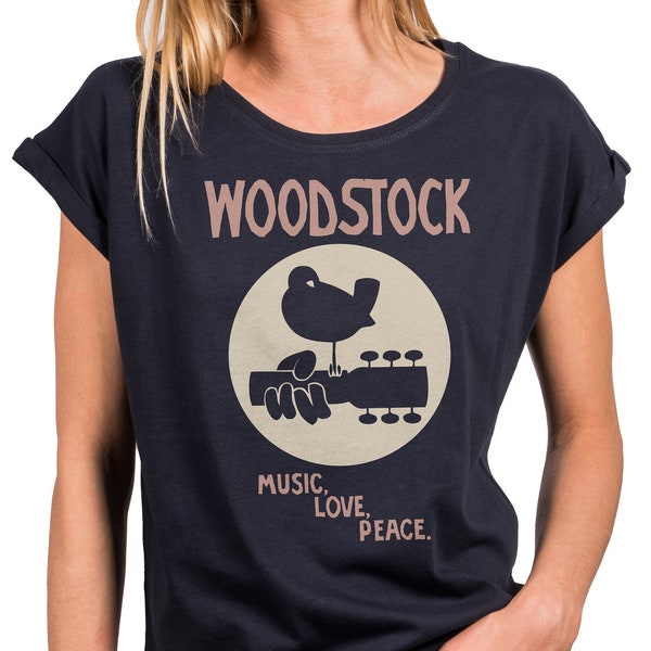 Womens Tshirt 60s 70s Hippie Print Tee Shirt - Woodstock Guitar Music Top - Funny Gifts for Music Lovers