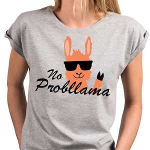 T-shirt drôle pour femme avec imprimé, lama, lettrage No Probllama, coupe ample, grandes tailles. XS à 5XL
