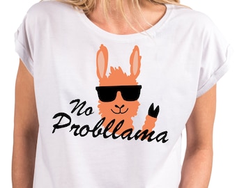 Funny ladies T-shirt with print, Llama, No Probllama, loose cut, large sizes, round neck collar, white, XS to 5XL