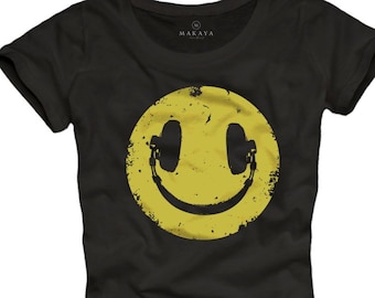 Musique T-shirt femmes Casque Smile Headphones Music Top noir femmes S/mètre/L