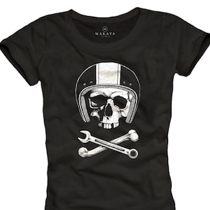 Womens Motorcycle T-Shirt for Girls - Mechanic Skull - Black Summer Top Motorbike Helmet S/M/L