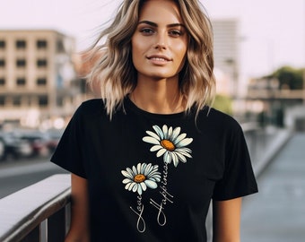 Women's T-shirt with daisy saying Love Happiness flowers print floral pattern women's shirt black S-XL